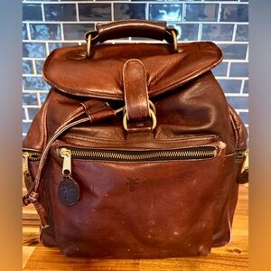 Frye Vintage Brown Leather Backpack • Drawstring • Multi Pocket